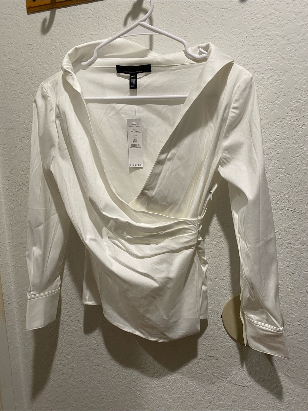 White House Black Market White Draped V-Neck Wrap Blouse - Long Sleeve